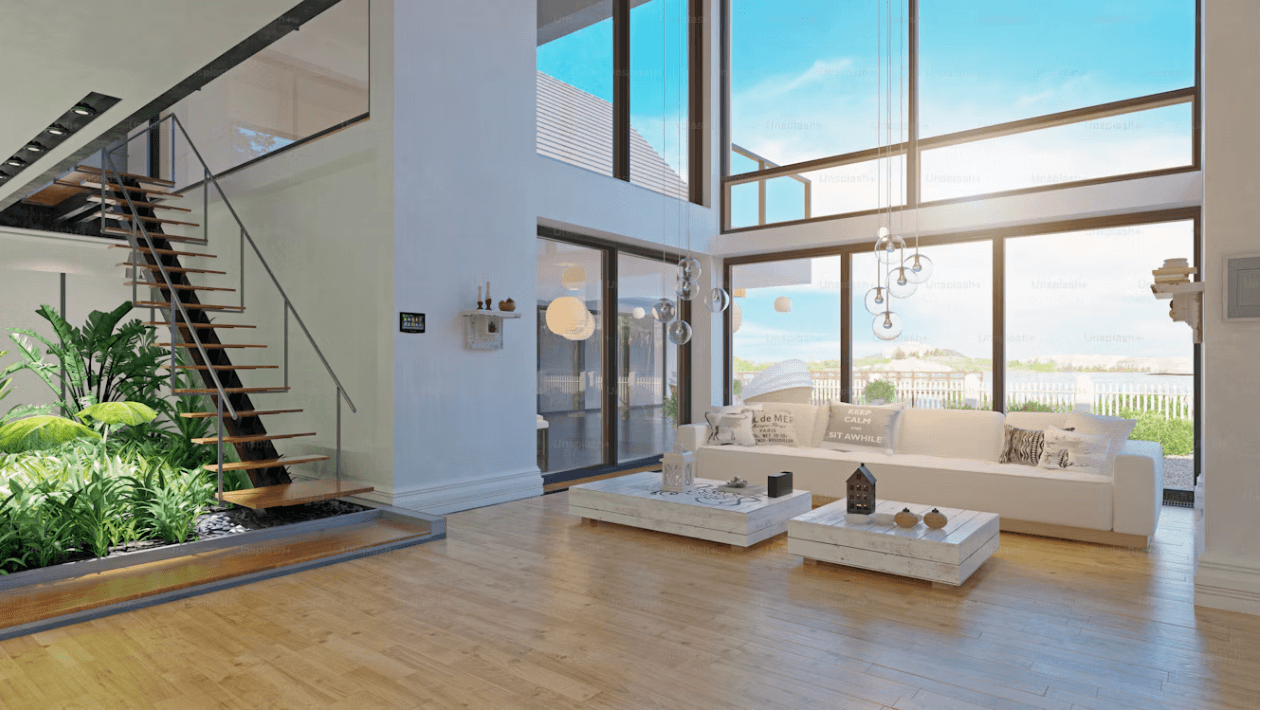 Bright contemporary penthouse interior with expansive windows