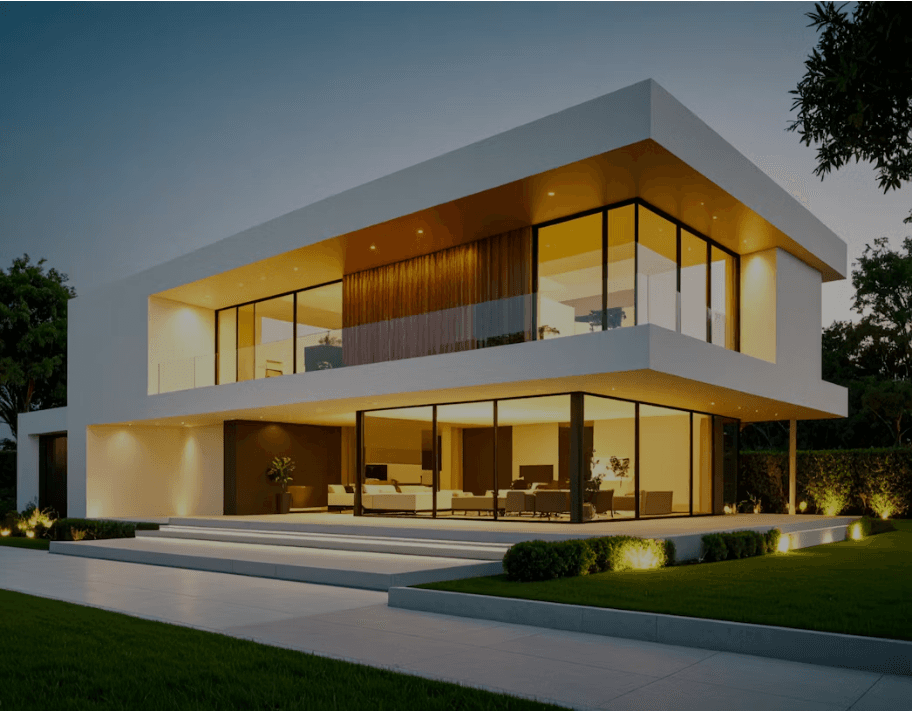 A contemporary home warmly lit at dusk